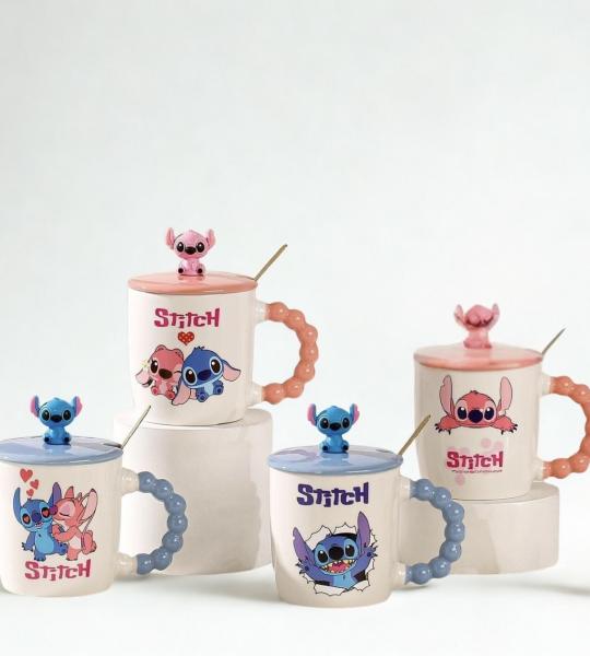 كوب ستيتش مع معلقة وغطاء   لون زهر و ازرق